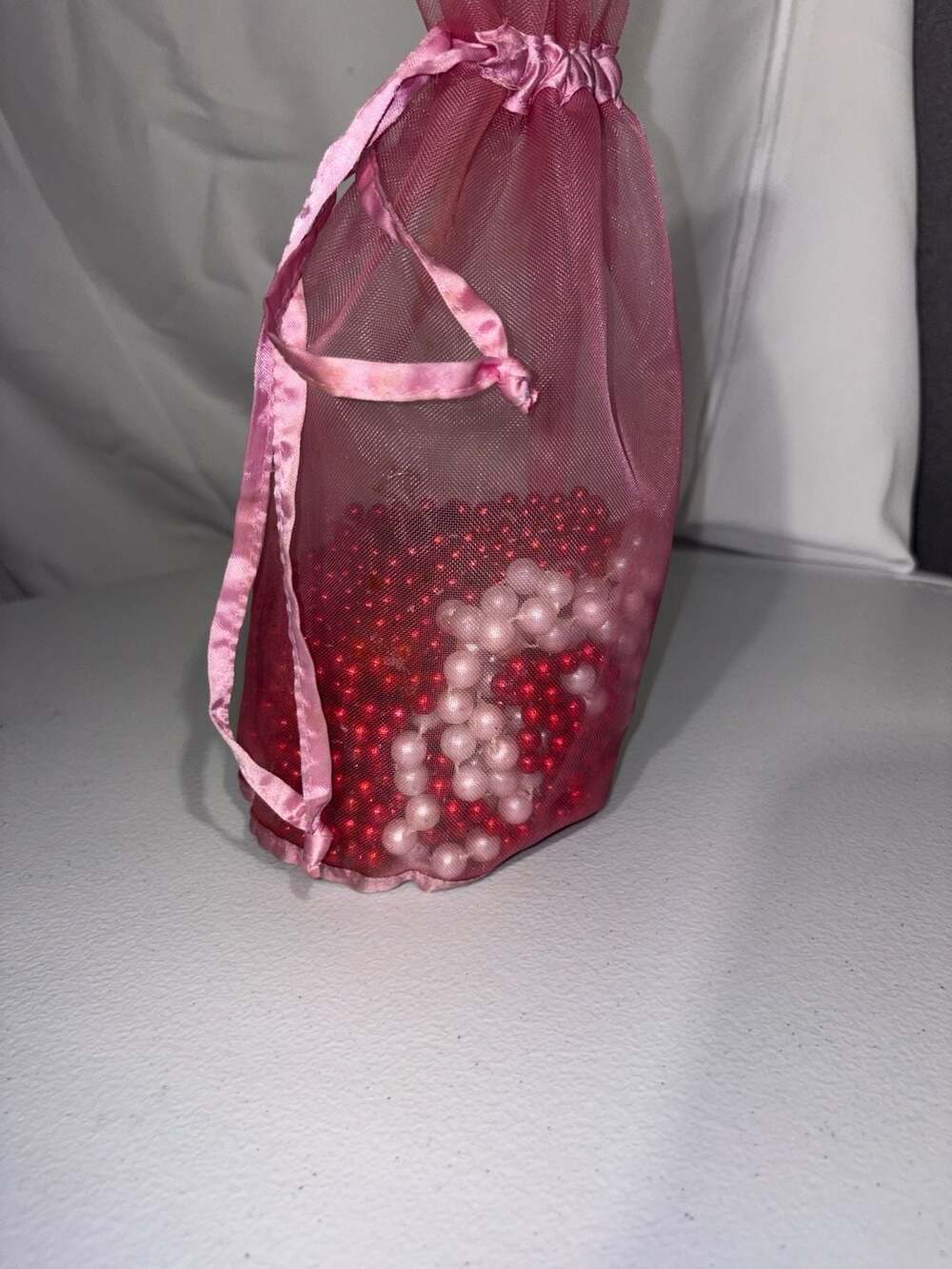 Red Sheer Organza Drawstring Gift Pouch with Assorted Red and Pink Decorative Cr